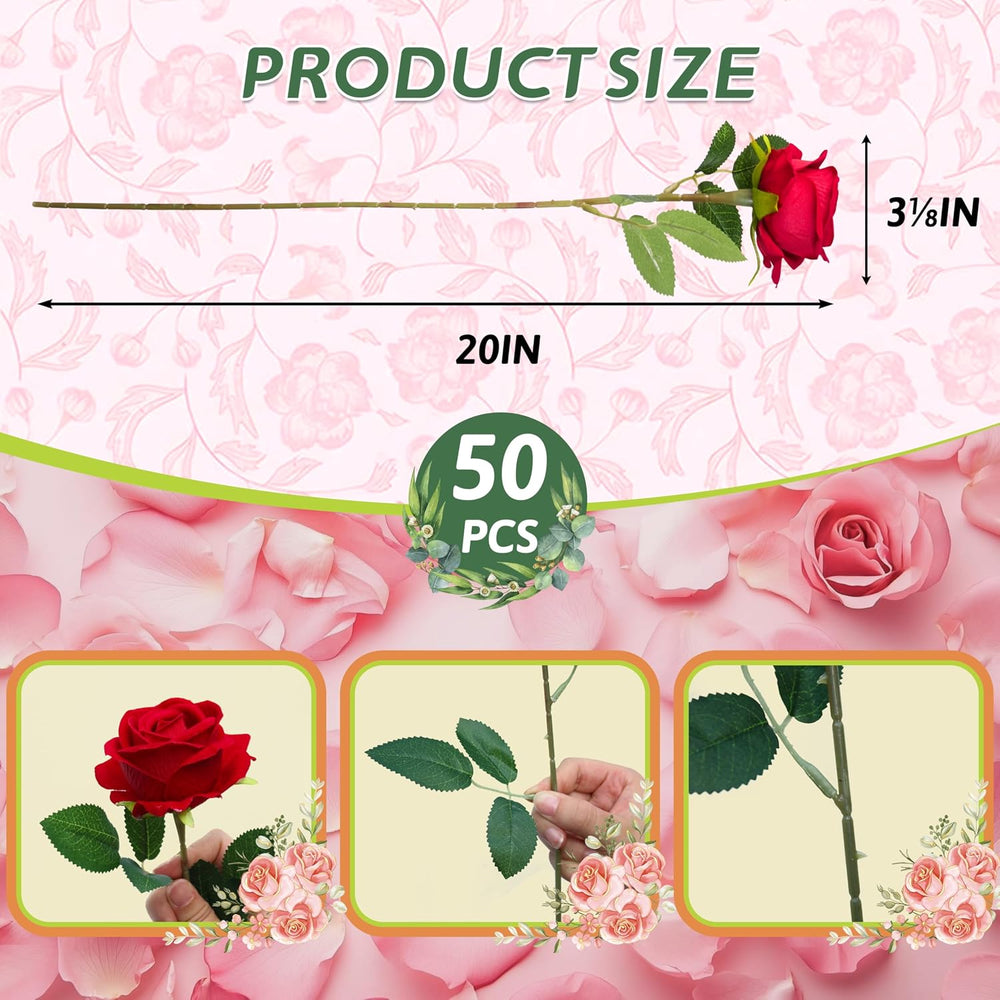 50PCS Artificial Red Roses Bulk Realistic Silk Fake Flowers with Long Stems