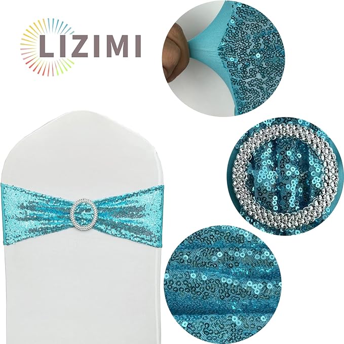 25 Pcs Chair Sashes Sequin Stretch Chair Bands Spandex Polyester Bows for Party Hotel Wedding Banquets Decoration - Aqua