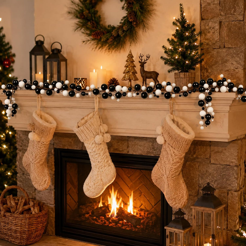 9ft Black White Christmas Ball Garland Ornaments, Gothic Xmas Tree Garland