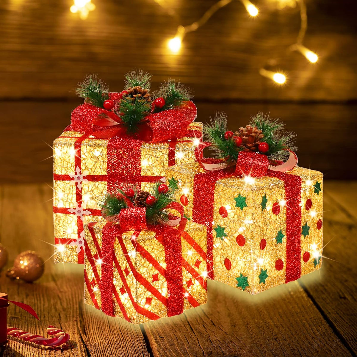 [Large 9.5"x8"x6.5" Christmas Set of 3 Lighted Gift Boxes Decorations Pre-lit 70 Super-Bright LED with Flashers,for Indoor Outdoor Christmas Tree Skirt Ornament Pathway Holiday Party Home