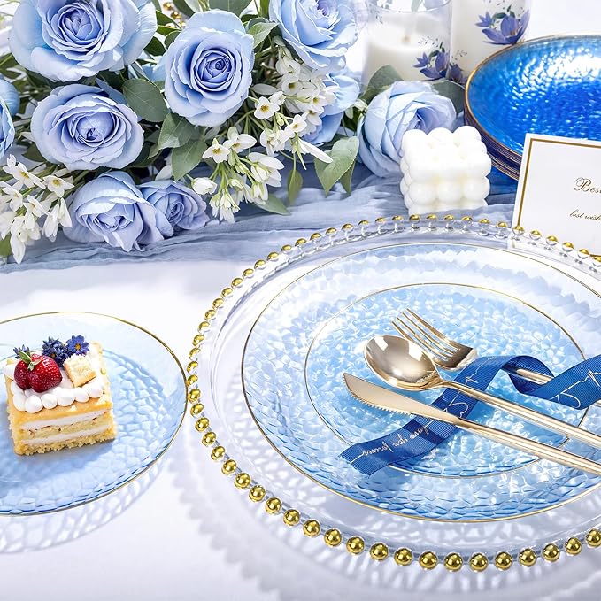 Rubtlamp 100 Pcs Blue And Gold Plastic Plates - 10 inch Clear Blue Gold Dinner Plates - Hammer Pattern Design - Fancy Disposable Plates - Heavy-Duty Party Plate for All Occasions