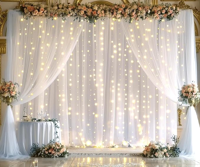 White Tulle Backdrop Curtain with Lights String for Parties Wedding Bridal Shower Sheer White Curtain Backdrop for Birthday Baby Shower Photo Booth Photography Background Decorations 20ft x 10ft