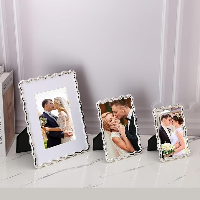 Silver 8x10'' Wave Design Photo Frame with Acid Free Mat for 5x7'',High-End Zinc Alloy Picture Frames with Velvet Back,Fashionable Style Silver frames 7x5''