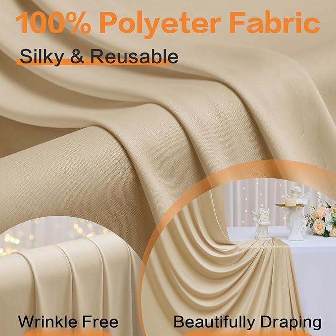 50ft x 15ft Beige Wrinkle Free Backdrop Curtains for Parties,Silky Polyester Fabric Wedding Ceiling Drapes, 10 Panels 15ft Photo Back Drop Drapes for Baby Shower Photography Stage Background Cloth