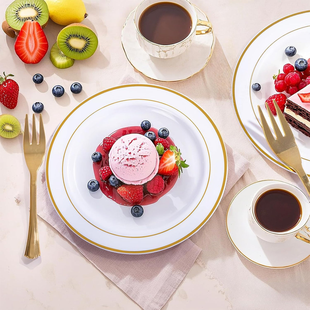 wellife 240 pcs disposable dessert plates with gold, side view