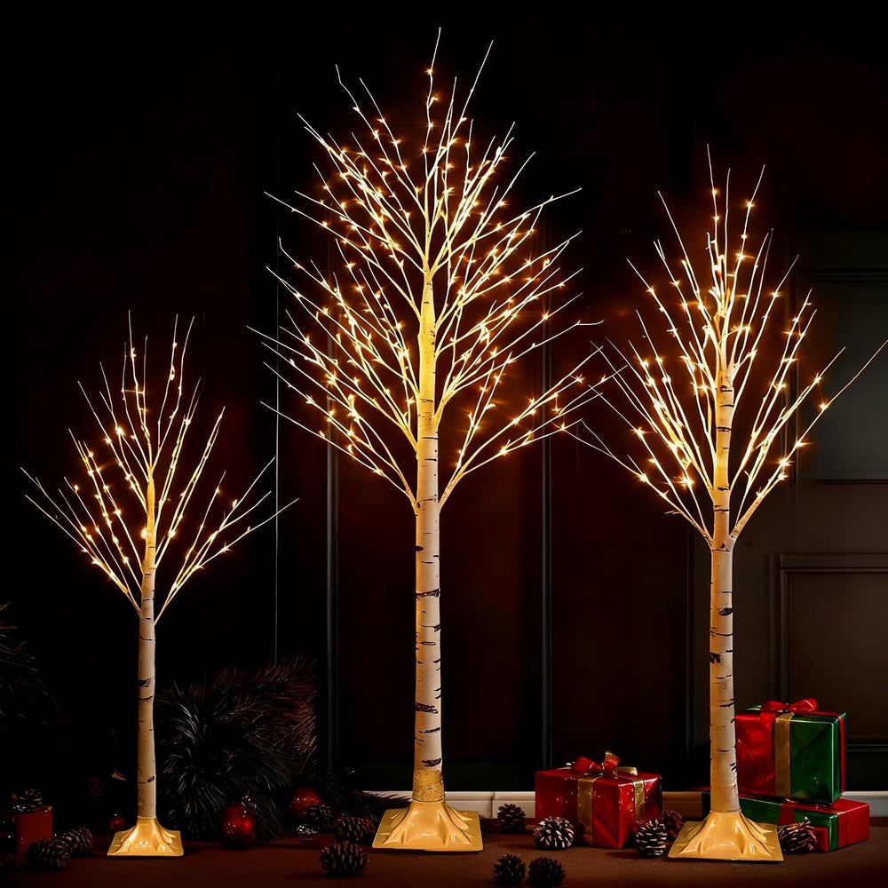 Set of 3 Lighted Birch Tree, 4FT 6FT 8FT White Artificial Christmas Tree with...