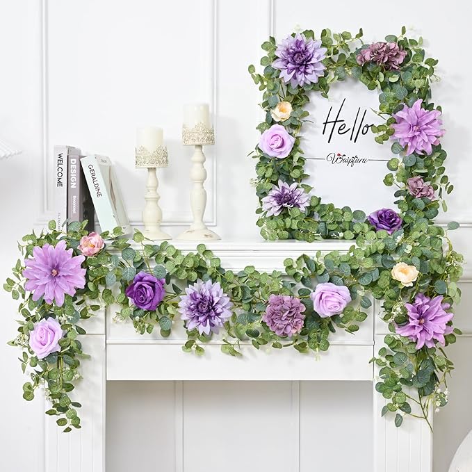 Waipfaru 2 Pcs Flower Garland, 6.07Ft Eucalyptus With Flowers, Rose Floral Vines for Wedding Reception Table Mantle Room Spring Summer Decor (Purple)