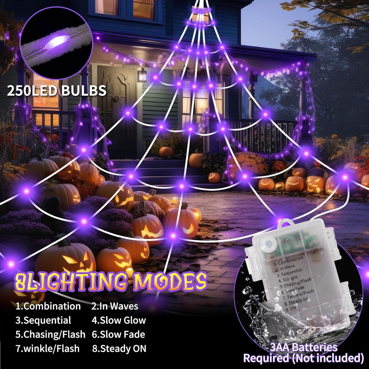 Spider Webs Halloween Decorations Outdoor Lights, 250 LED 16.4ft Halloween Spider Web Lights with 6.5ft Giant Spider,8 Modes, Waterproof Outdoor Decoration Indoor Party Garden Home Costumes