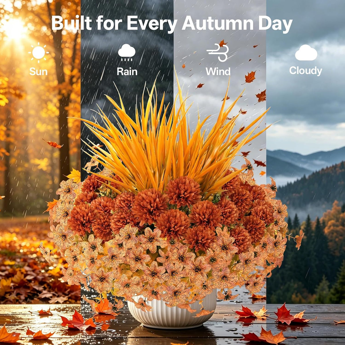 15 Bundles Artificial Mums for Outdoors, Faux Mums for Outdoor Planters