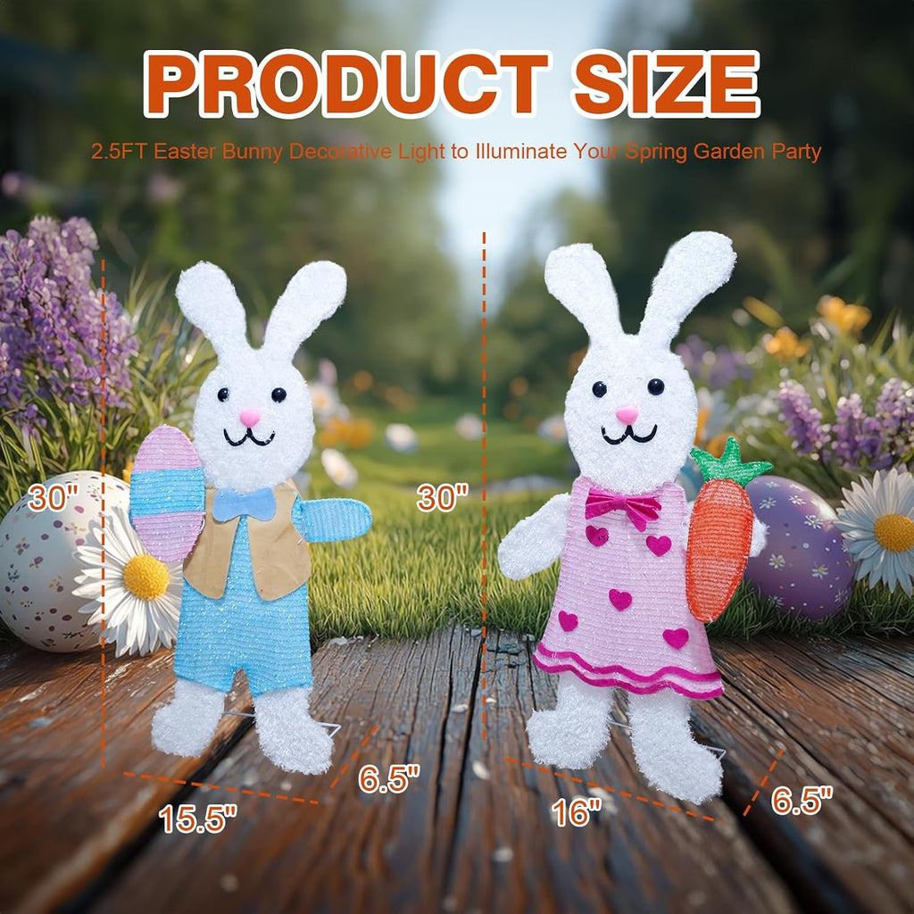 2 Pcs Outdoor Easter Decorations Lighted Bunny with 60 LEDs Warm White Lights, Easy Assembly 2D Easter Decor for Outdoor, Garden, Lawn, Patio