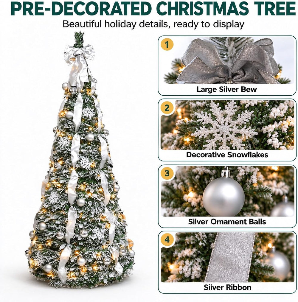 7ft Pop Up Artificial Christmas Tree with Lights, Decorated Prelit Collapsibl...