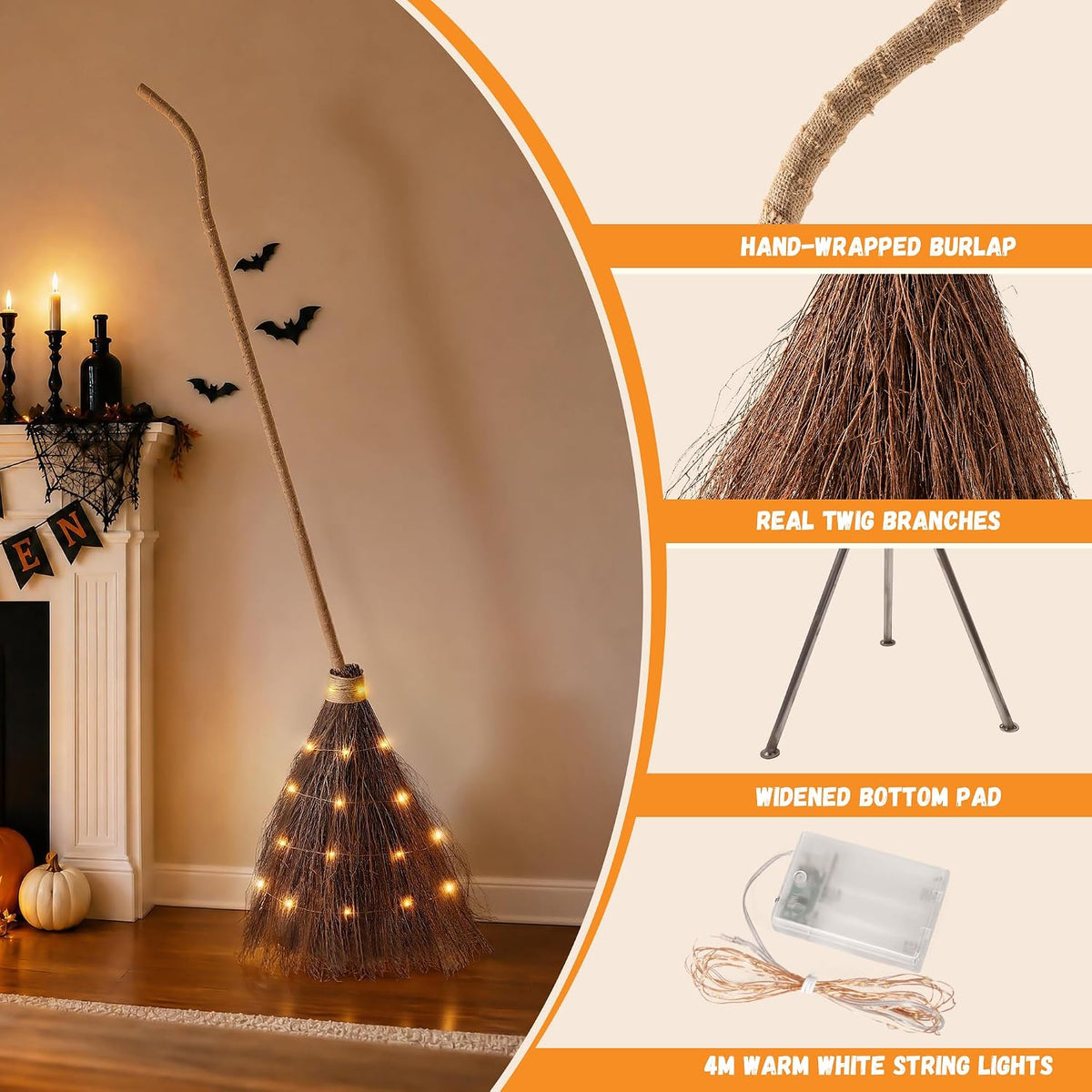Halloween Decorations - 6 FT Giant Light Up Witch Broom, Vintage Witches Broomstick Fall Decor with LED Lights, Rustic Farmhouse Halloween Broom for Indoor Outdoor Porch Yard Lawn