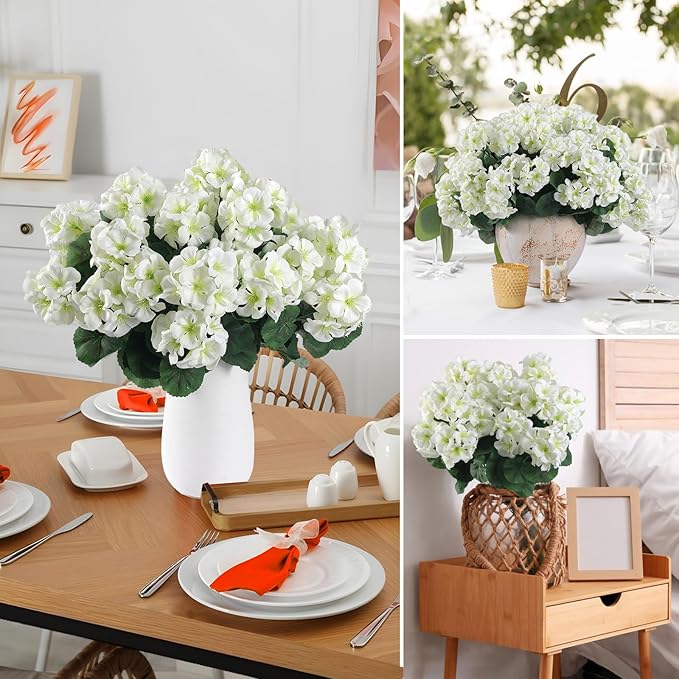 Hananona Artificial Geranium Flowers for Outdoors Geranium Silk Flowers Outdoor UV Resistant Garden Plants Faux Flowers for Home Kitchen Table Centerpieces Decor (12, White) (12 Pcs)