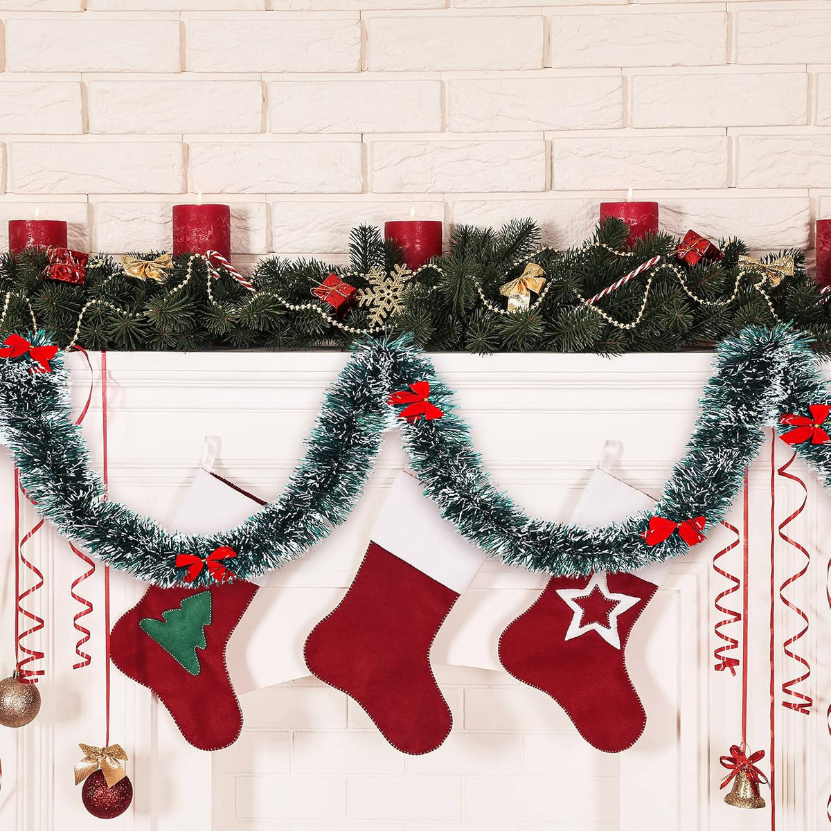 150ft christmas tinsel garland with 38 red bows, side view