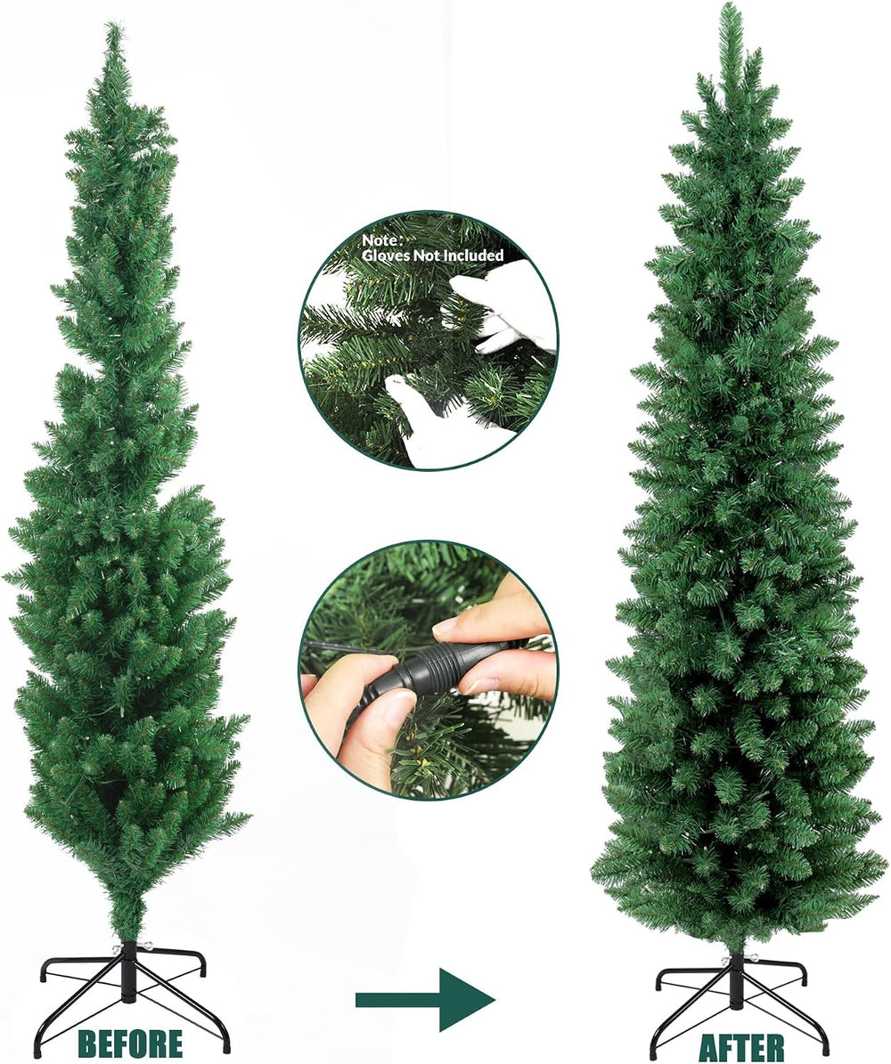 6ft Pre-Lit Fir Pencil Christmas Tree, Green Classic Artificial Slim Skinny C...
