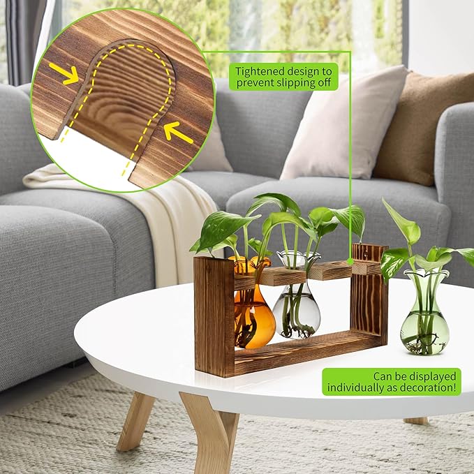Plant Propagation Station Plant Terrarium Unique Birthday Gifts for Women Home Office Decor Planter with Wooden Stand - 3 Bulb Glass Vase