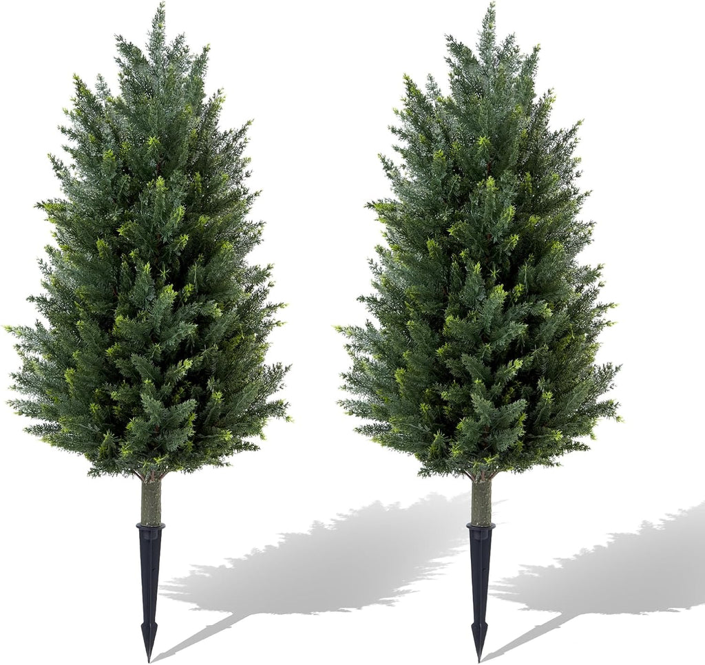 Set of 2 Artificial Cedar Topiary Christmas Trees, 3FT UV-Resistant Faux Cypress Shrubs with Ground Spikes — Tall Evergreen Decorative Plants for Outdoor and Indoor Porch, Patio, and Garden