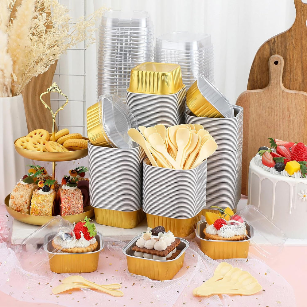Hushee 300 Set Aluminum Foil Baking Cups with Lid Spoons, Square, Gold