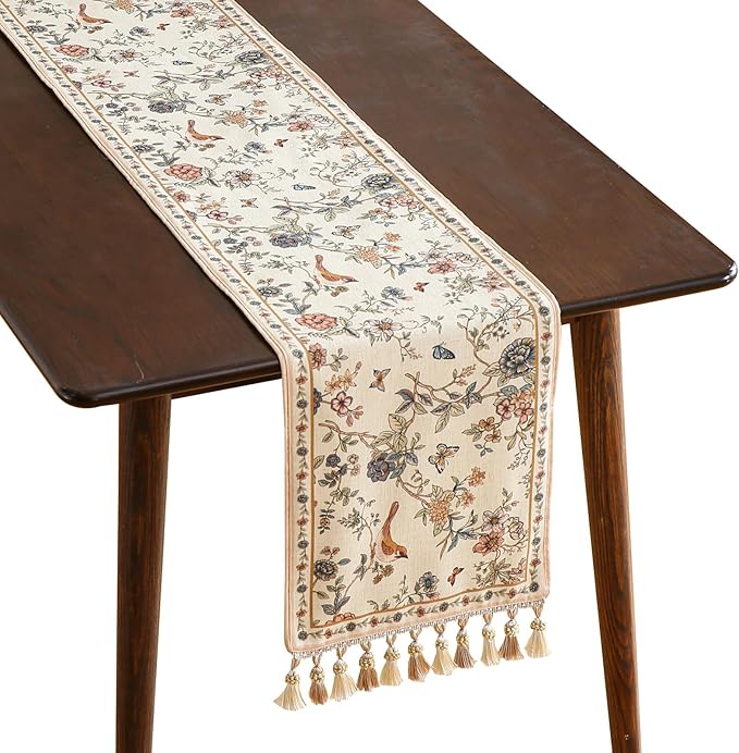 ISAENNE Designer Linen Table Runner 118 Inches Extra Long,Elegant Floral Bird Pattern Table Runners for Dining Room,Farmhouse Rustic Kitchen Decor,Thanksgiving,Christmas,12"*118"-Cornucopia