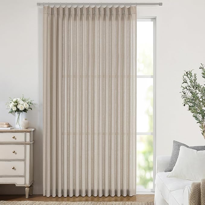Vision Home Sand Pinch Pleated Semi Sheer Curtains Textured Linen Blended Light Filtering Window Curtains 112 inch for Living Room Bedroom Patio Pinch Pleat Drapes with Hooks 1 Panel 84" Wx112 L