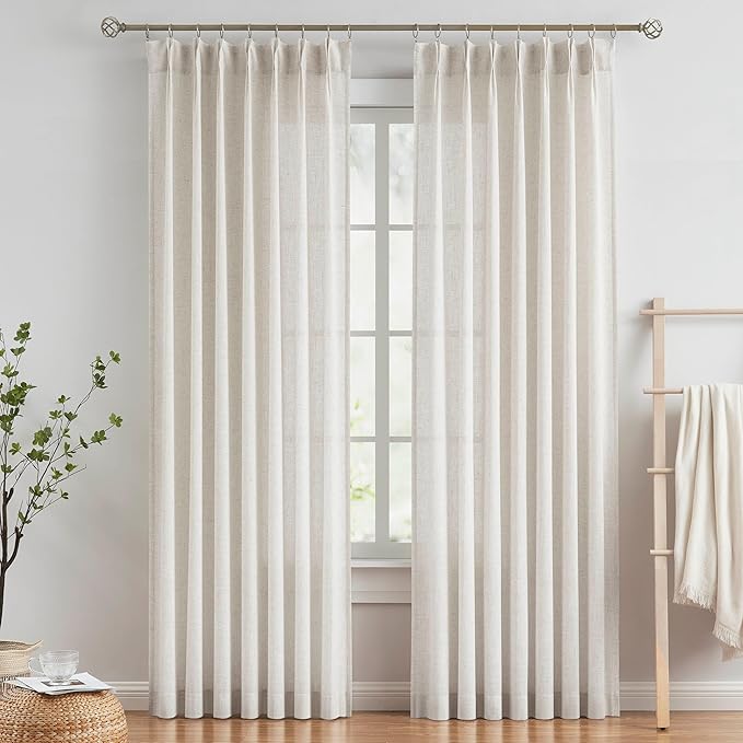 Vision Home Natural Pinch Pleated Semi Sheer Curtains Textured Linen Blended Light Filtering Window Curtains 102 inch for Living Room Bedroom Pinch Pleat Drapes with Hooks 2 Panels 42" Wx102 L
