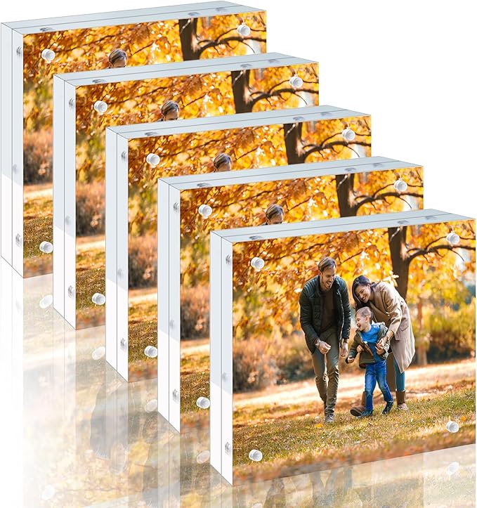 5 Pack 5x5 Acrylic Picture Frames - 20% Thicker Double Sided Magnetic Frame with UV Protection - Freestanding Clear Frameless Display for Tabletops - Modern Photo Frame Set for Home & Office Decor