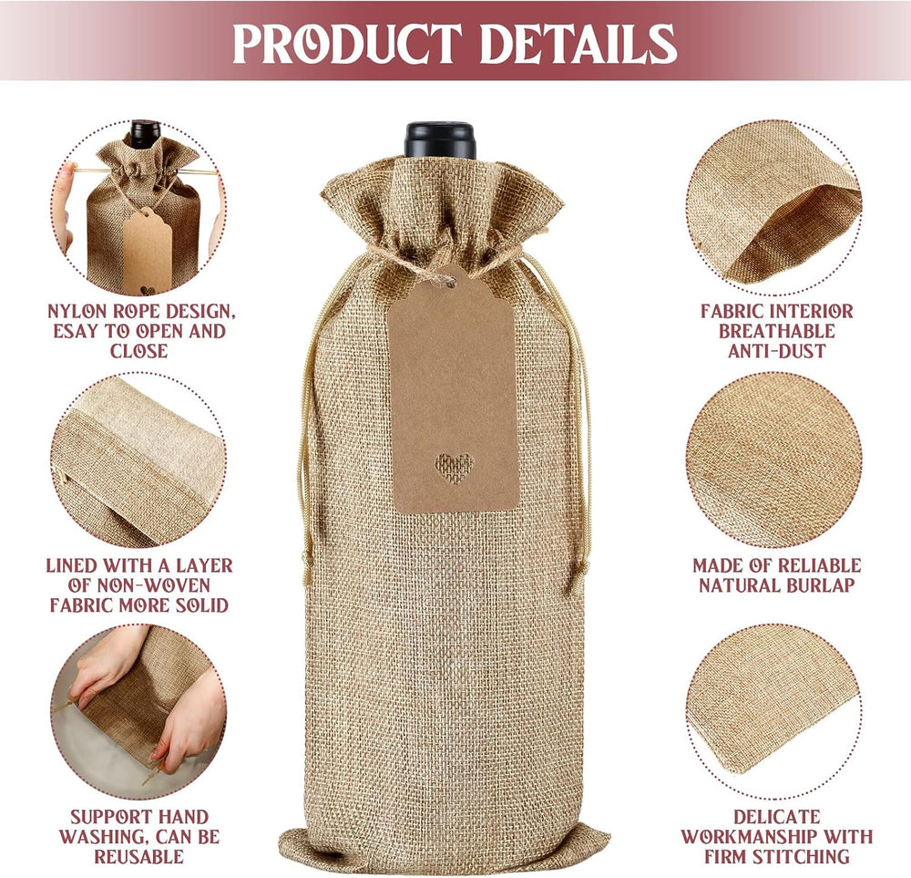 Windyun 50 Pcs Burlap Wine Bag Bulk Gift Bag with Drawstrings, Brown