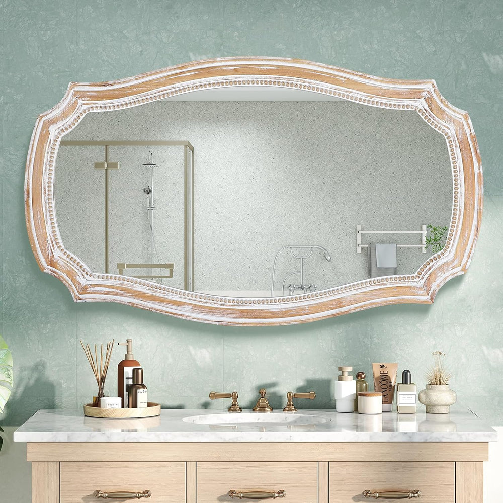 Scalloped Wall Mirror with Wood Frame, 36x24 Inch Distressed Mirrors