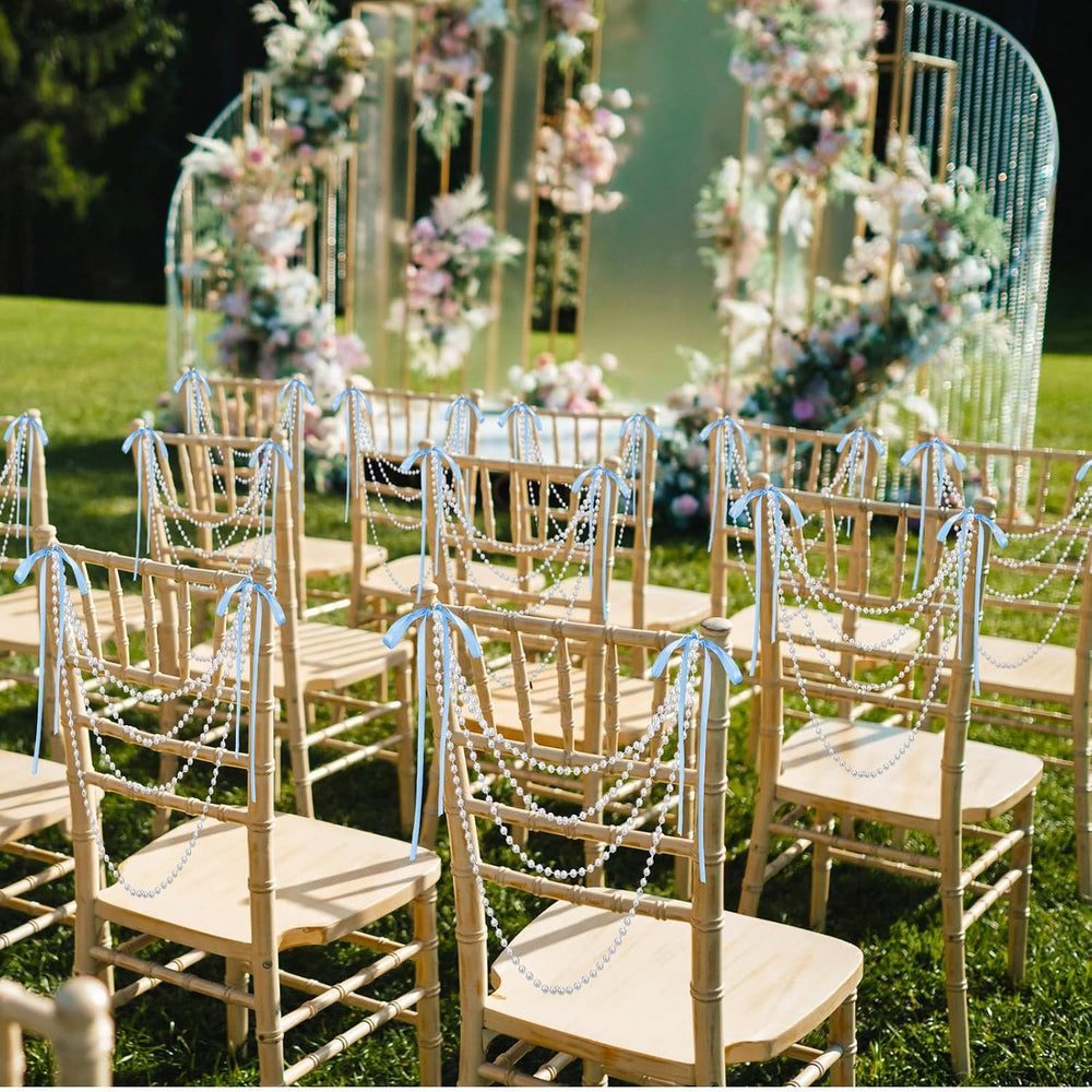 32 Pcs Pearl Garland Bow Chair Sashes Wedding, Blue