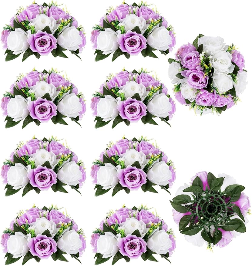 BLOSMON Lilac Flowers Balls for Centerpieces: 10 Pcs Purple White Fake Roses Flower for Wedding Table - Artificial Silk Kissing Bouquet Floral Arrangement Center for Home Party Event Decor