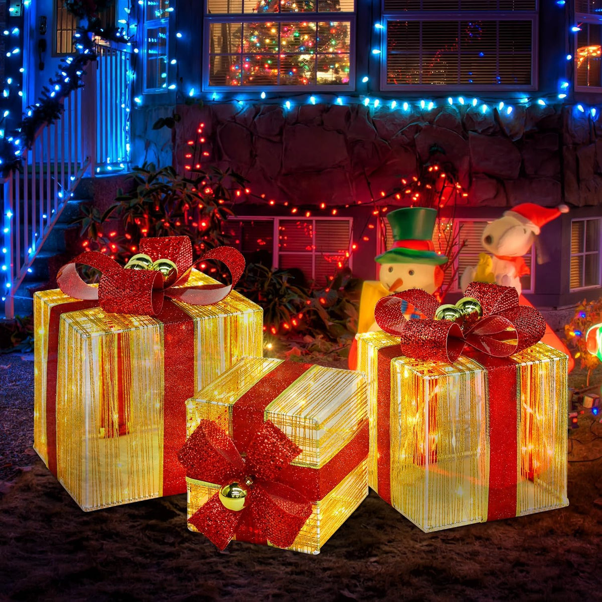 domkom set of 3 christmas lighted gift boxes showing dimensions