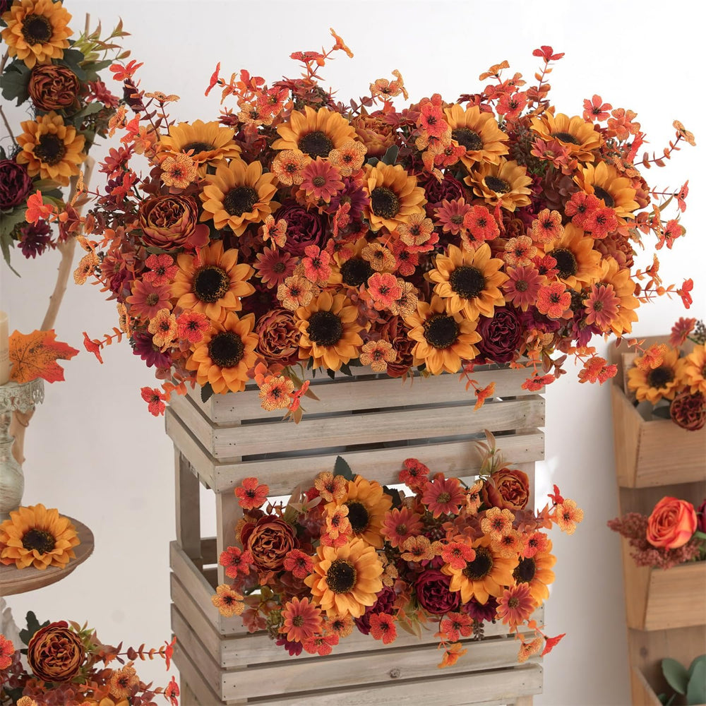 Mixed 10 Pcs Fall Artificial Sunflower Peony Bouquet, Yellow Burgundy Silk Fa...