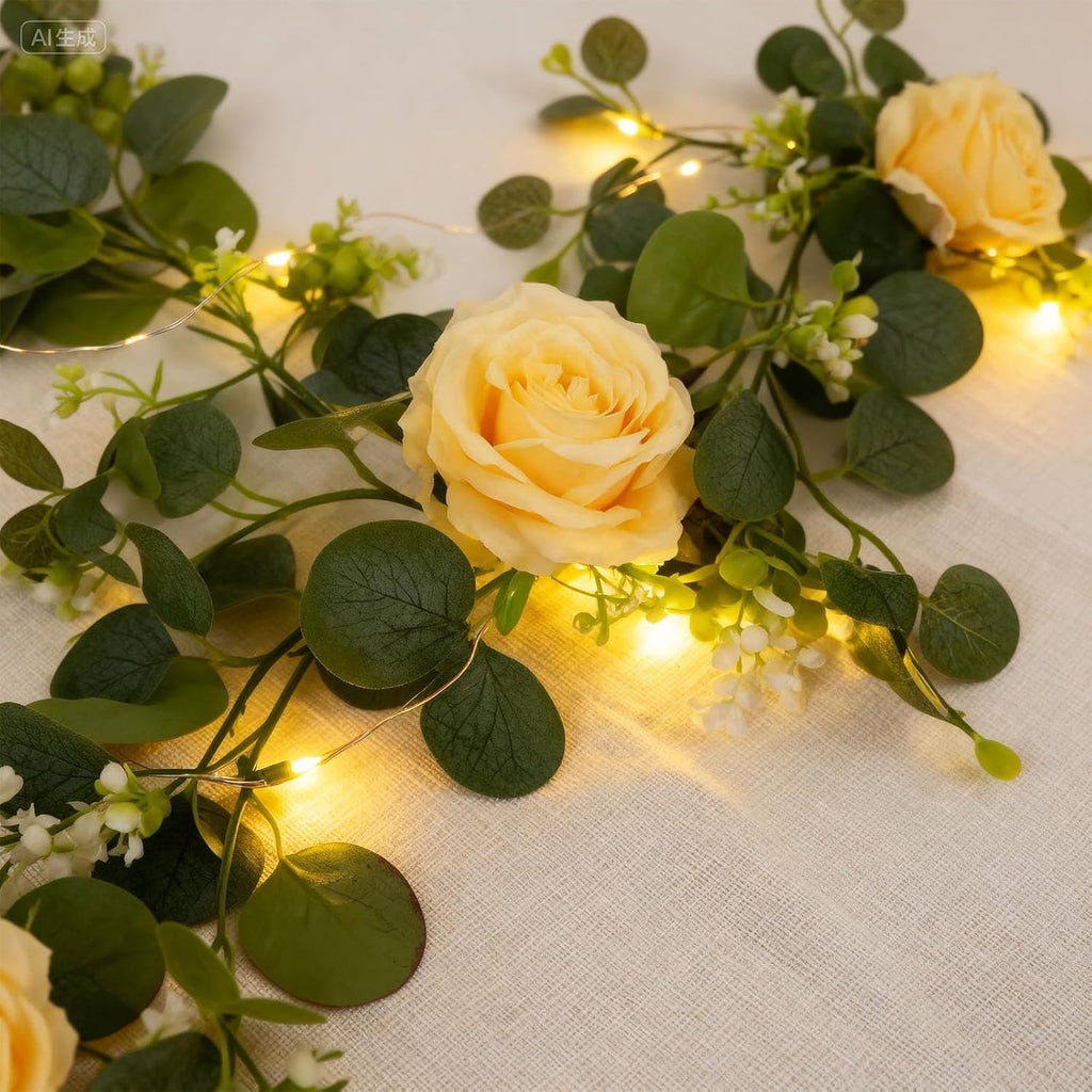 4 Pack 5.9 FT Artificial Flower Garland with Lights, Fake Floral Garland with 24 Champagne Roses, Flower Decorations for Arch Table Centerpieces Backdrop Party Home Wedding Decorations