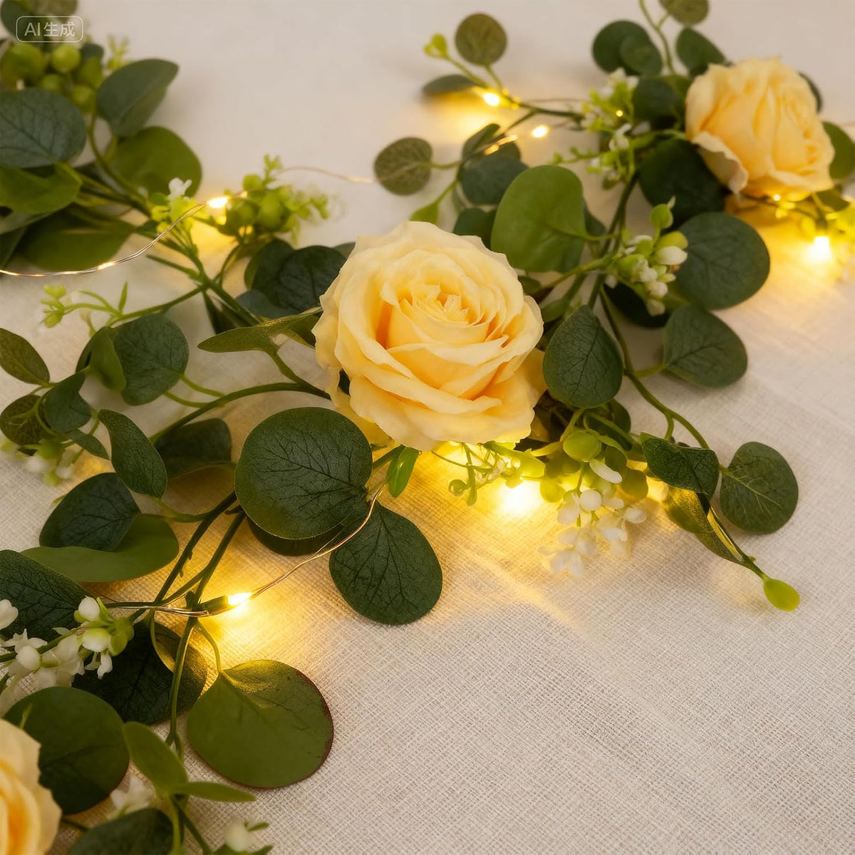 4 Pack 5.9 FT Artificial Flower Garland with Lights, Fake Floral Garland with 24 Champagne Roses, Flower Decorations for Arch Table Centerpieces Backdrop Party Home Wedding Decorations
