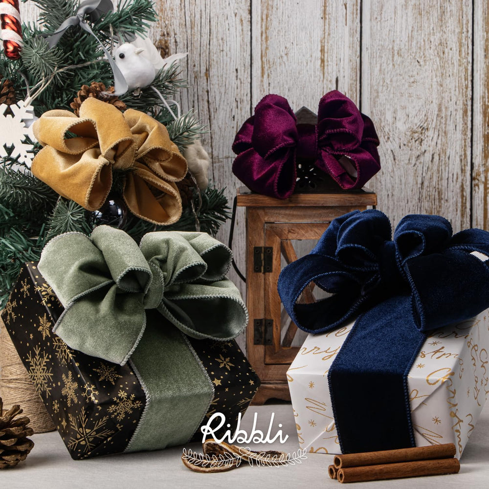 Ribbli Burgundy Velvet Wired Ribbon 2.5 Inch Velvet with Satin Christmas Ribb...