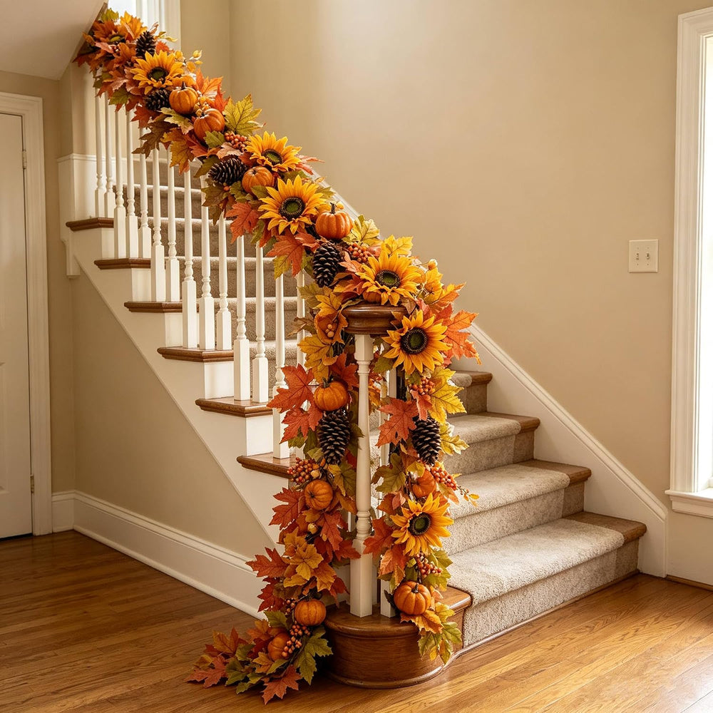 YULETIME 9 ft Pumpkin & Maple Leaf Garland, 50 Fairy Lights Battery Powered
