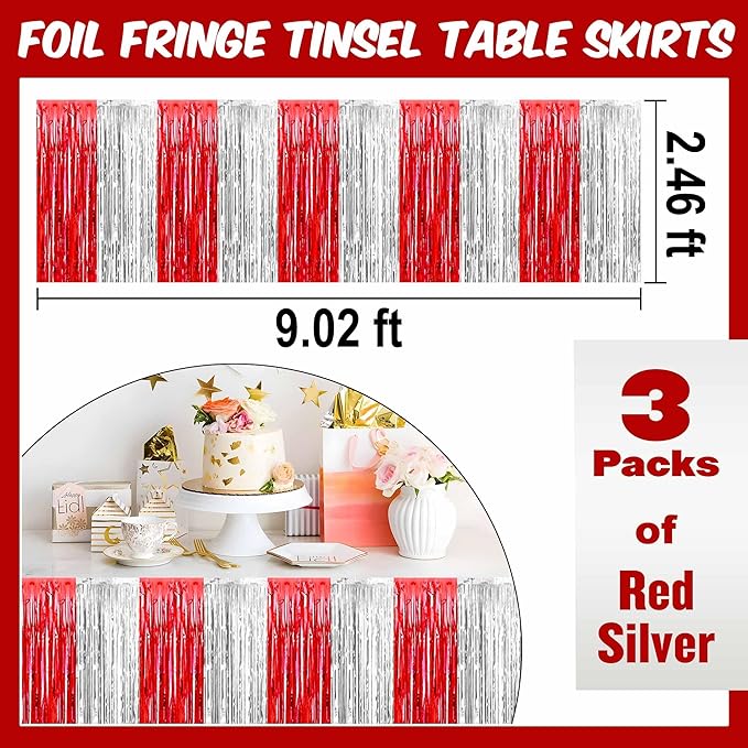 3 Pack Red and Silver Foil Fringe Table Skirts Metallic Tinsel Streamers Garland Banner Backdrop for Table Decor, Parade Float, Birthday, Wedding, Halloween, Christmas Party Decorations(29x108 In)