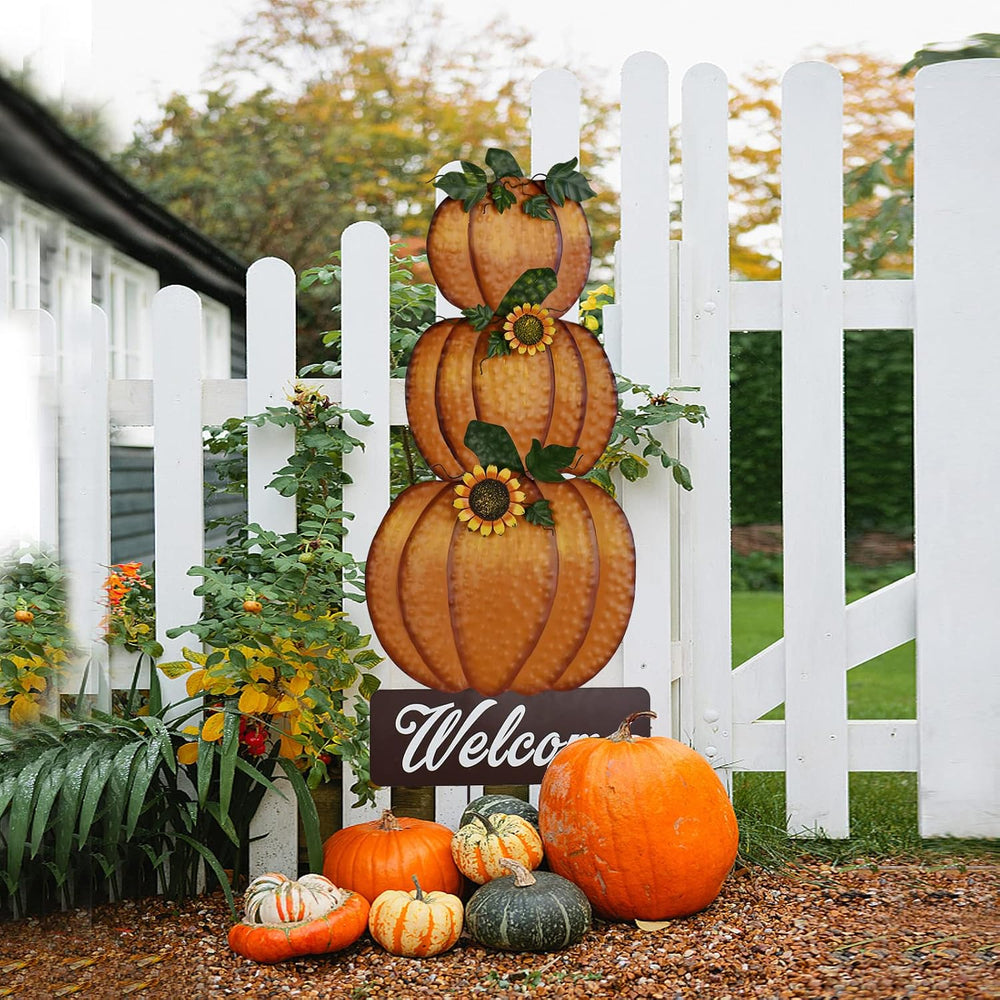 Metal Pumpkin Garden Stake Yard Sign Fall Decor Stacked Pumpkin Yard Stake
