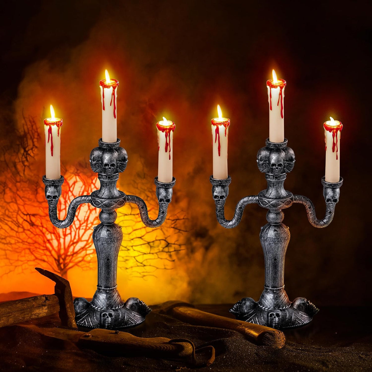 JOYIN 2 Pcs Skull Candelabra Halloween Decorations Indoor LED Lights Flameless Candles Holder, Scary Haunted House Mansion Decor for Table Home Party