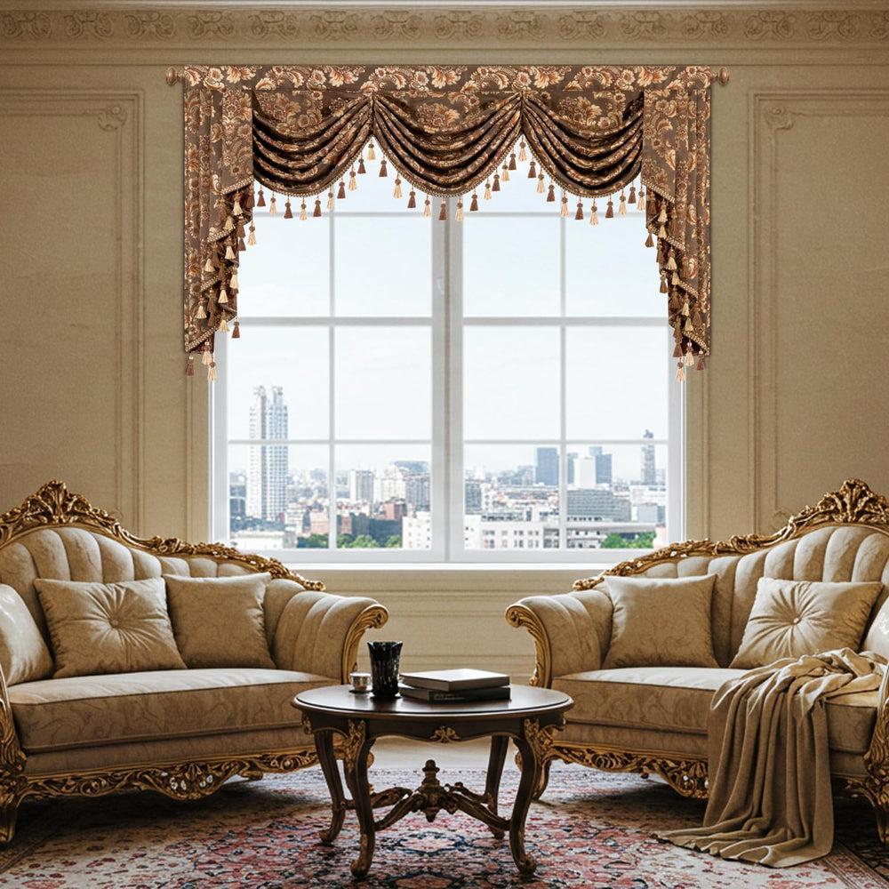 Luxury Waterfall Valance - 79-Inch Extra Wide Swag with Damask Pattern, Coffe...