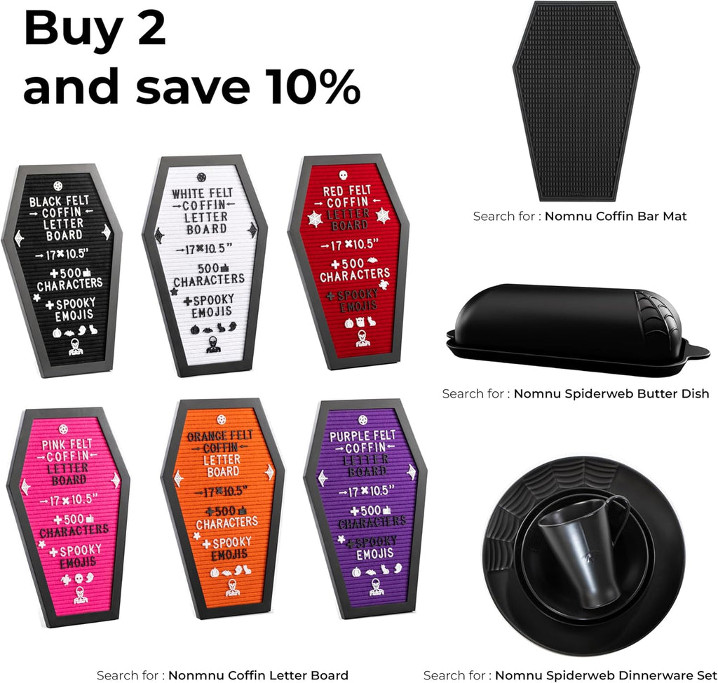 Nomnu Coffin Letter Board, Black Goth Decor with Bat Stickers Spooky Emojis