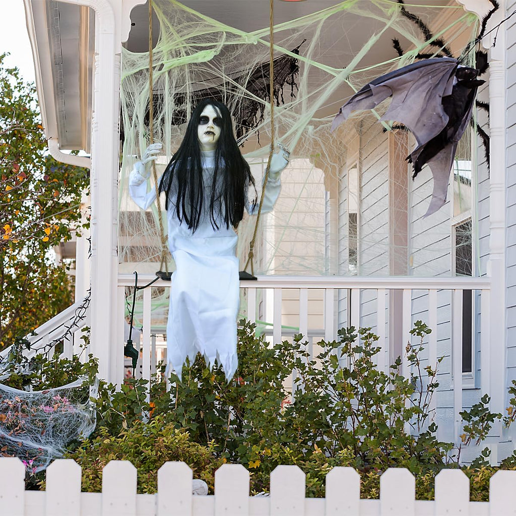 PARTYGEARS Halloween Decorations Props Hanging Swinging Girl with Creepy Expressions, Hanging Ghosts The Best Indoor and Outdoor Scary Decorations for Halloween(White)