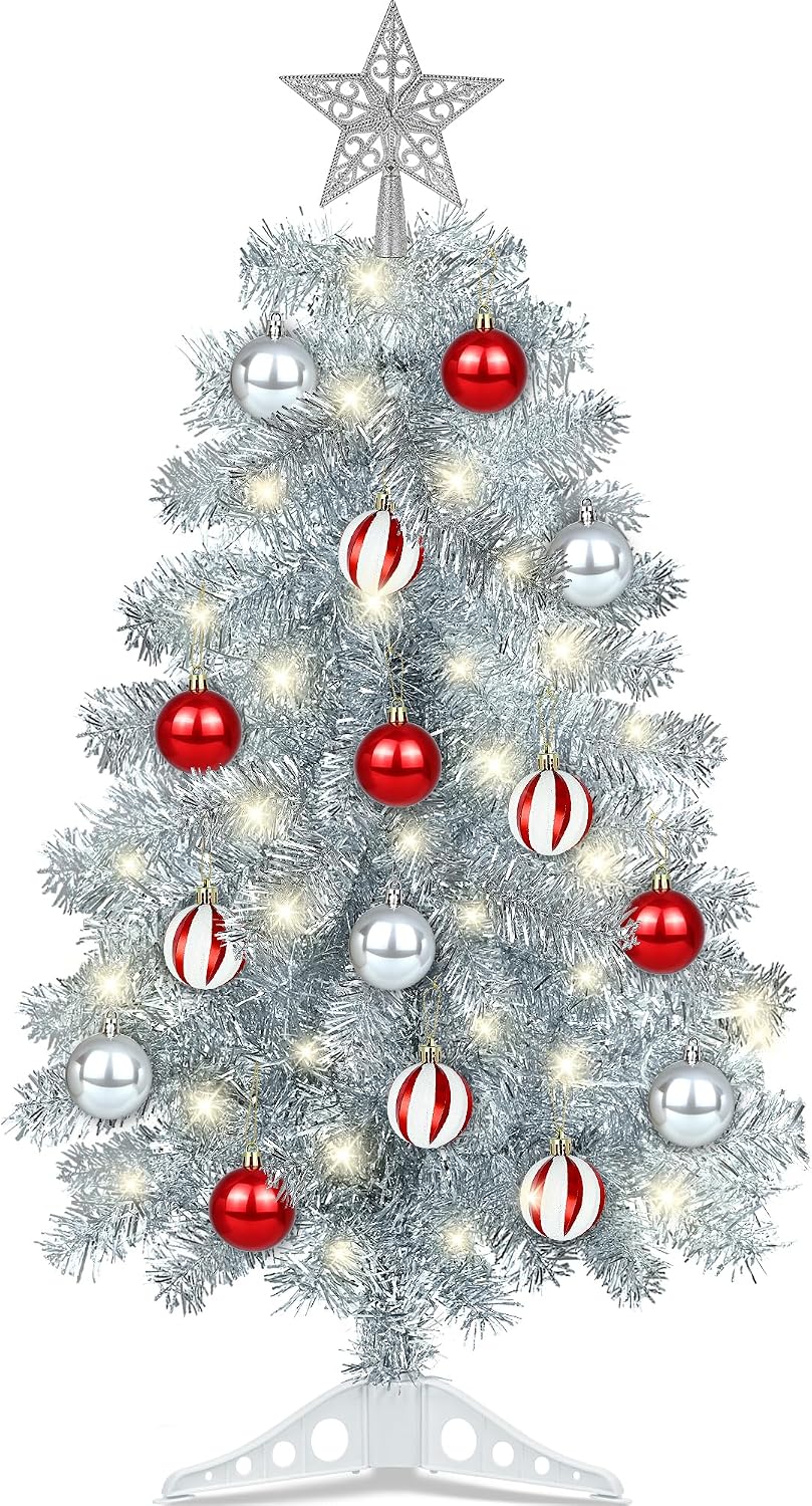 [Timer & 8 Modes] 3FT Silver Small Christmas Tree with 50 Warm White Lights, Silver Xmas Tree with Star Topper & 15 Ball Ornaments Xmas Trees Decorations