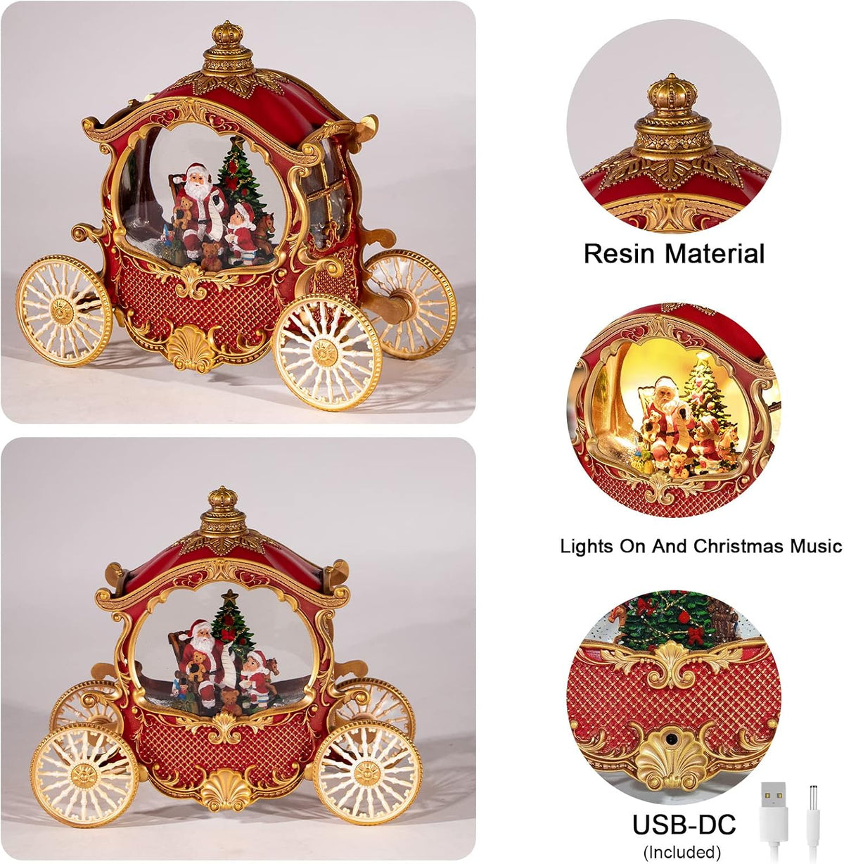 Christmas Snow Globes,Christmas Carriage Snow Globe with 8 Music & Timer, Battery Or USB Cable Powered Operated Glittering for Christmas Table Centerpiece Decoration.Gift- Santa,Christmas Tree