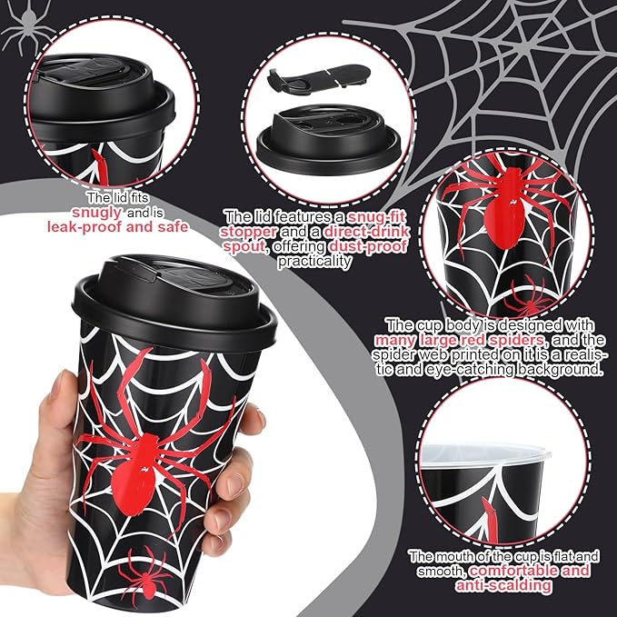 Yungyan 36 Sets Spider Party Favors Goodie Cups with Lids and Straws for Halloween Party Decorations Reusable 16oz Plastic Candy Cups Plastic Straws for Birthday Gift (Spider)