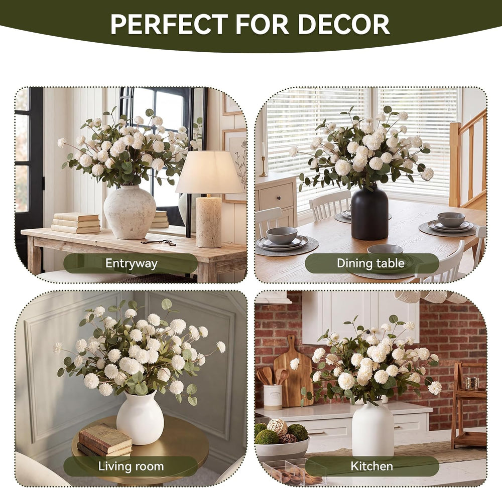15 Stems White Fake Mums & Eucalyptus Leaves Artificial Flowers