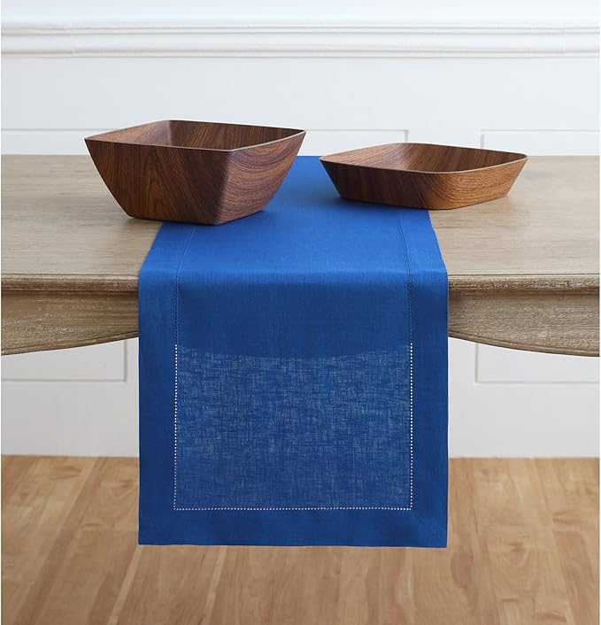 Solino Home Linen Royal Blue Table Runner 108 Inches Long - 100% Pure Linen 14 x 108 Inch Table Runner for Holiday - Classic Hemstitch