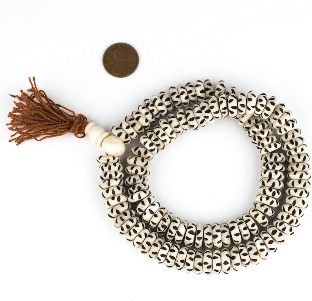 White Carved Disk Bone Mala Beads 13mm Nepal Large Hole 19 Inch Strand