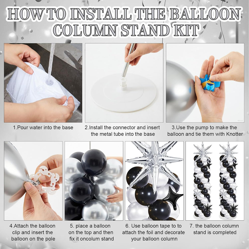 Soulchen 110 Pcs Black Silver Explosion Balloons Column Stand Kit