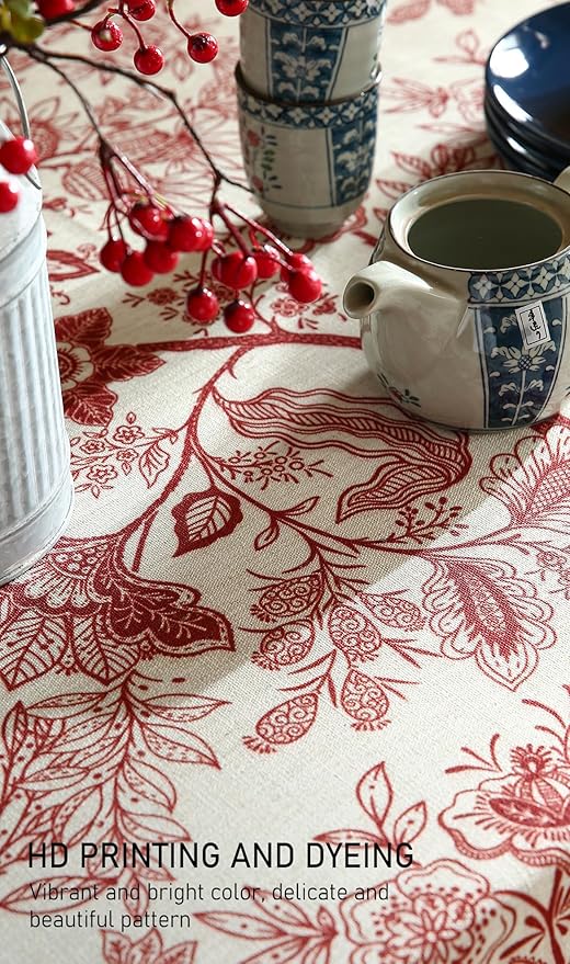 ISAENNE Designer French Linen Small Round Tablecloth,Red Floral Washable Indoor Table Cloth,Durable Home Decor Tablecloths for Dining Thanksgiving Kitchen Party Christmas,Diameter 55"-Ruyi A